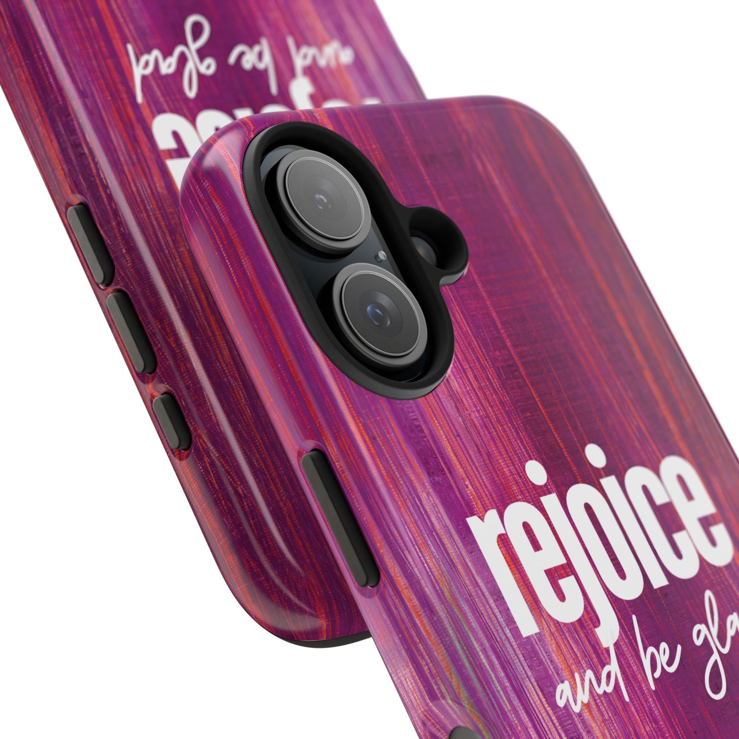 A phone case with a textured, deep purple background and the words "Rejoice and be glad" printed in white.