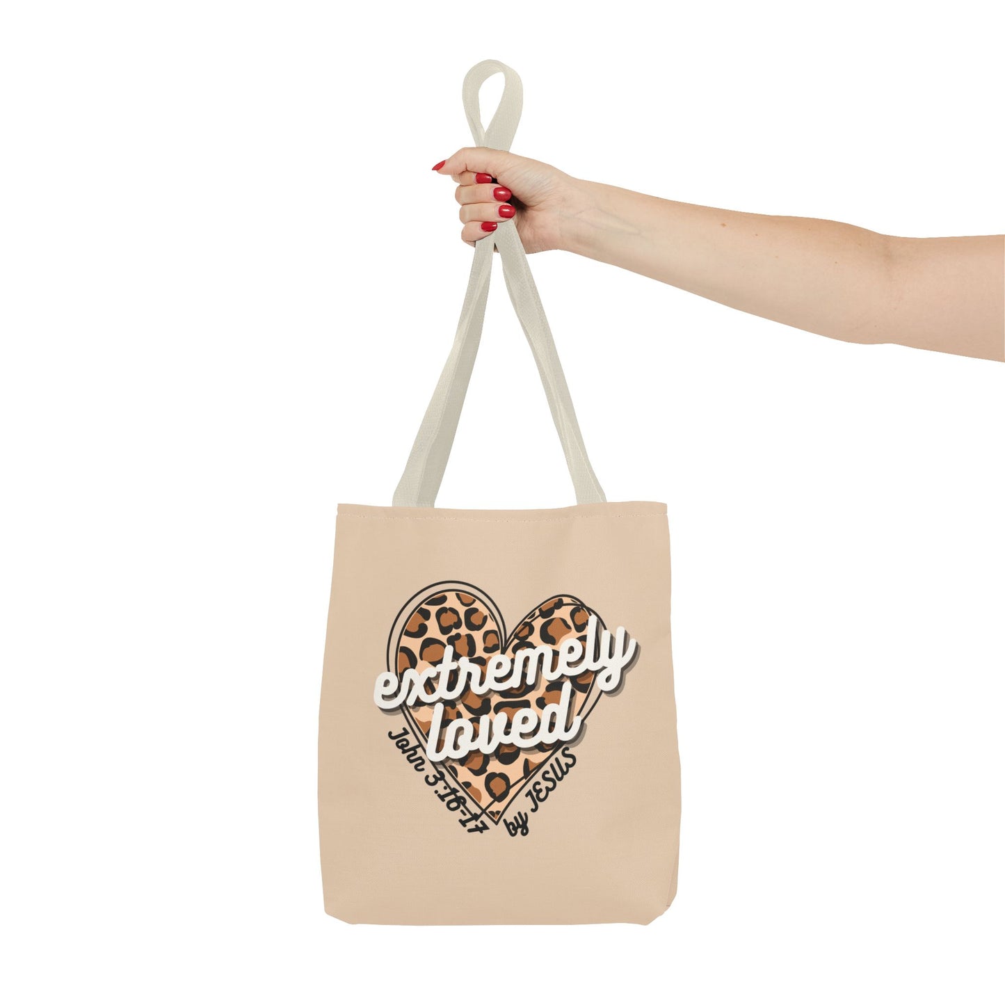 EXTREMELY LOVED (BY JESUS) - Inspirational Tote Bag - Perfect for Everyday Use and Gifts  (2 handle colors)