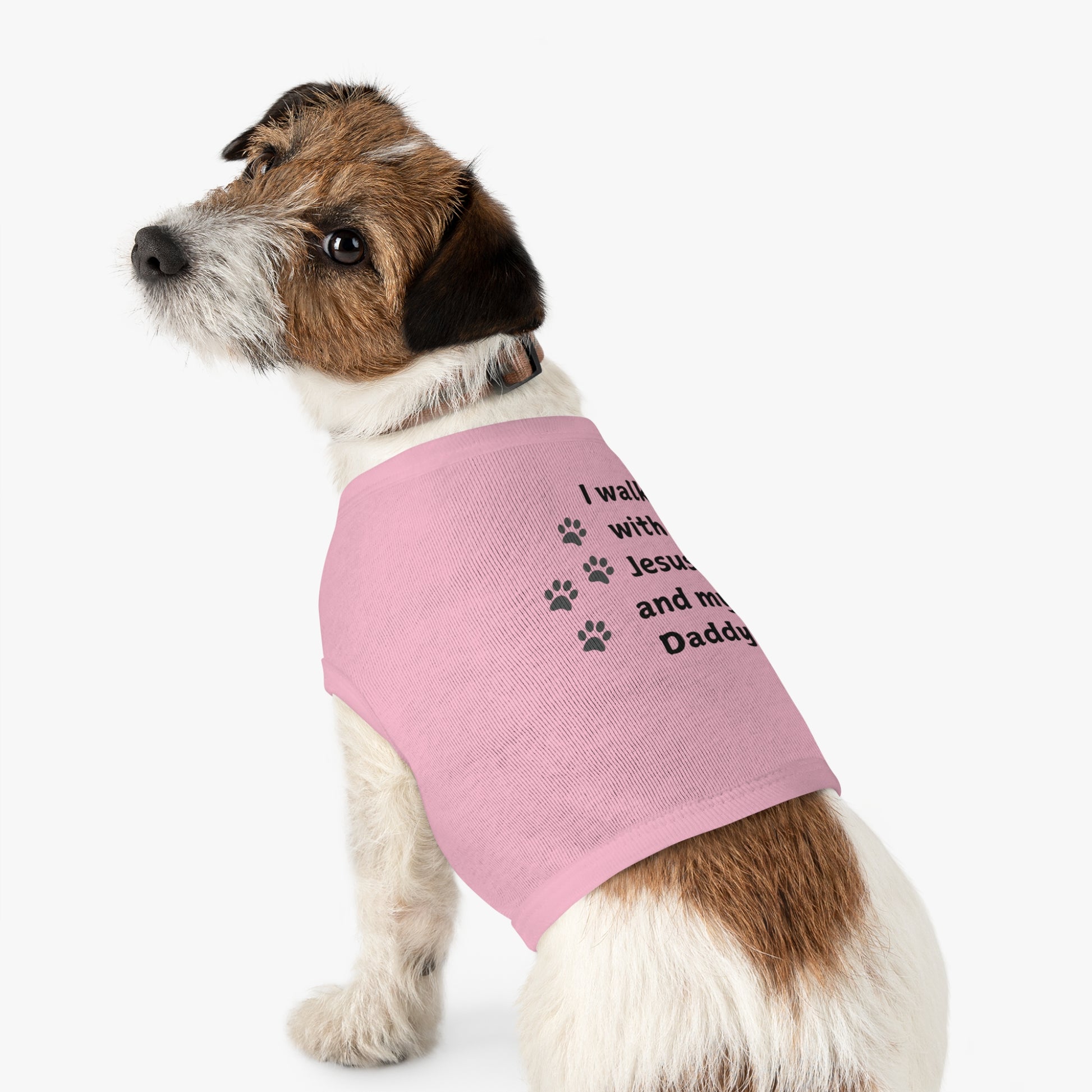 A Shih Tzu dog wearing a pink garment with black text that says "I Walk With Jesus and My Daddy.