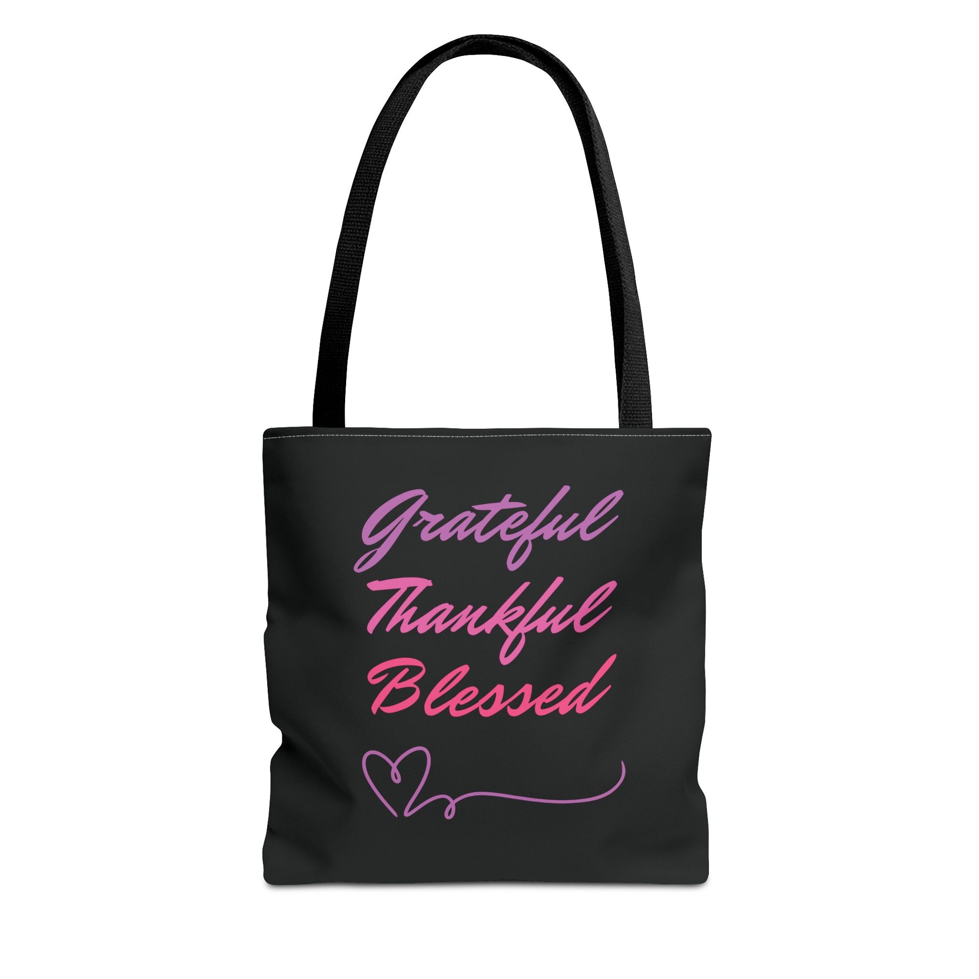 black tote bag with the words "Grateful", "Thankful", and "Blessed" printed in pink and purple with a heart symbol