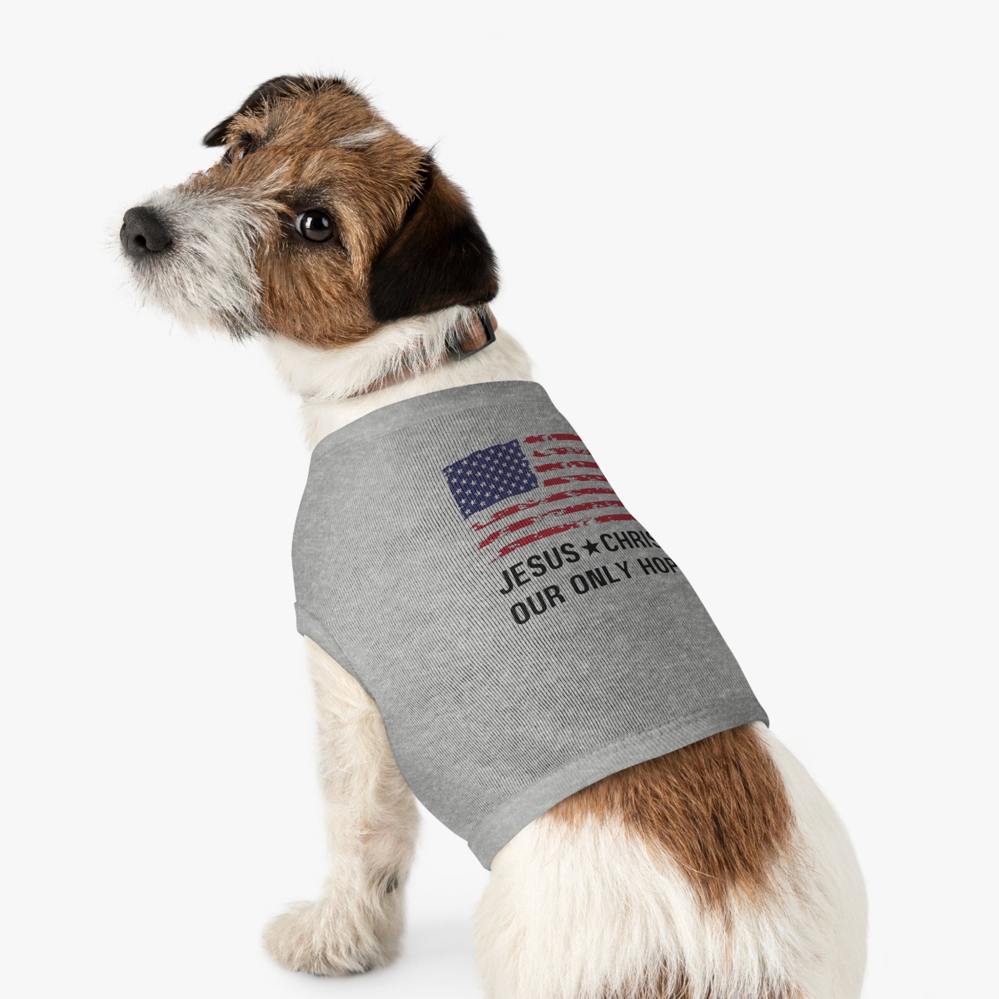 Small dog wearing a gray tank top with an American flag and the text "Jesus Christ Our Only Hope