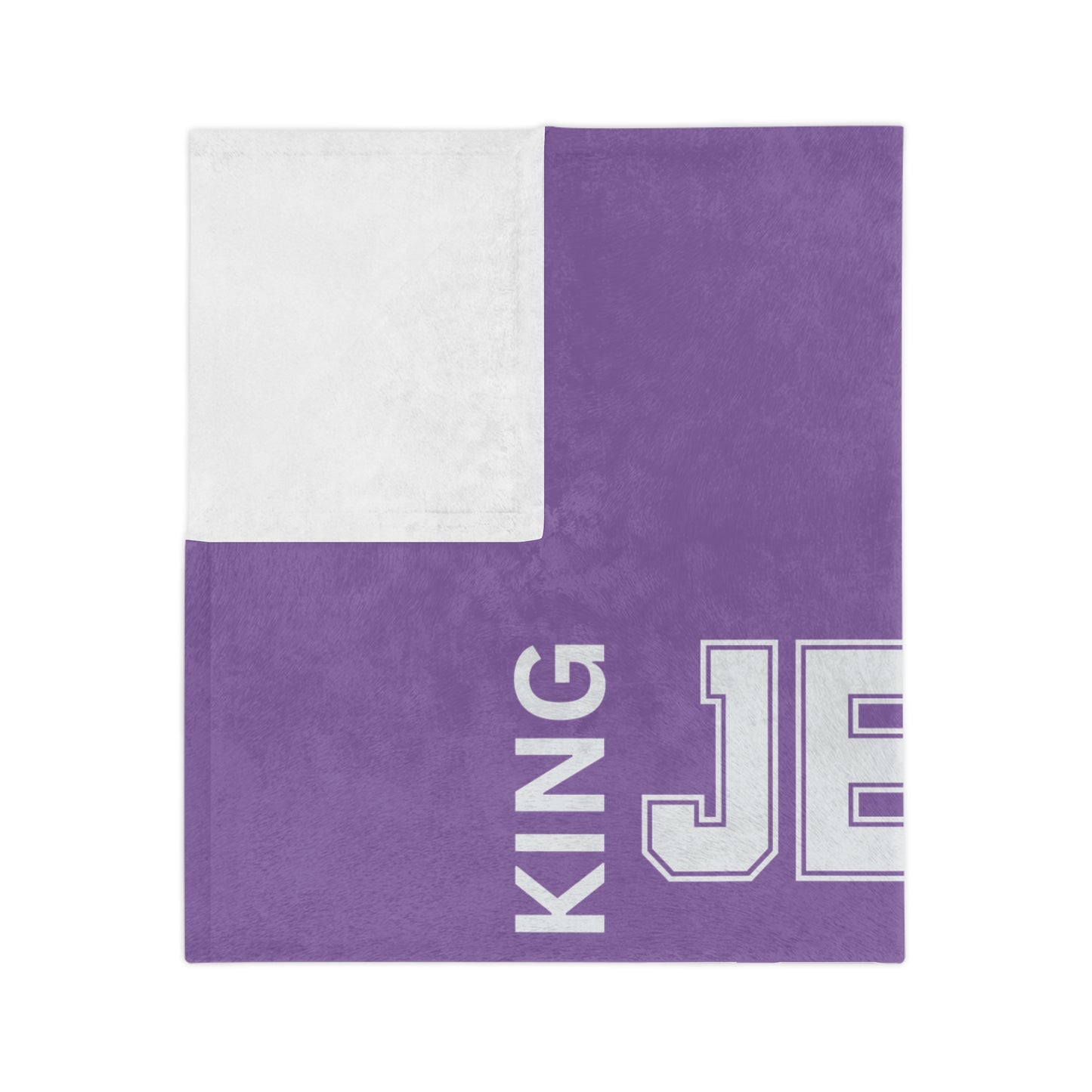 Sheet of purple cloth with white backing, printed with "King Jesus" in white