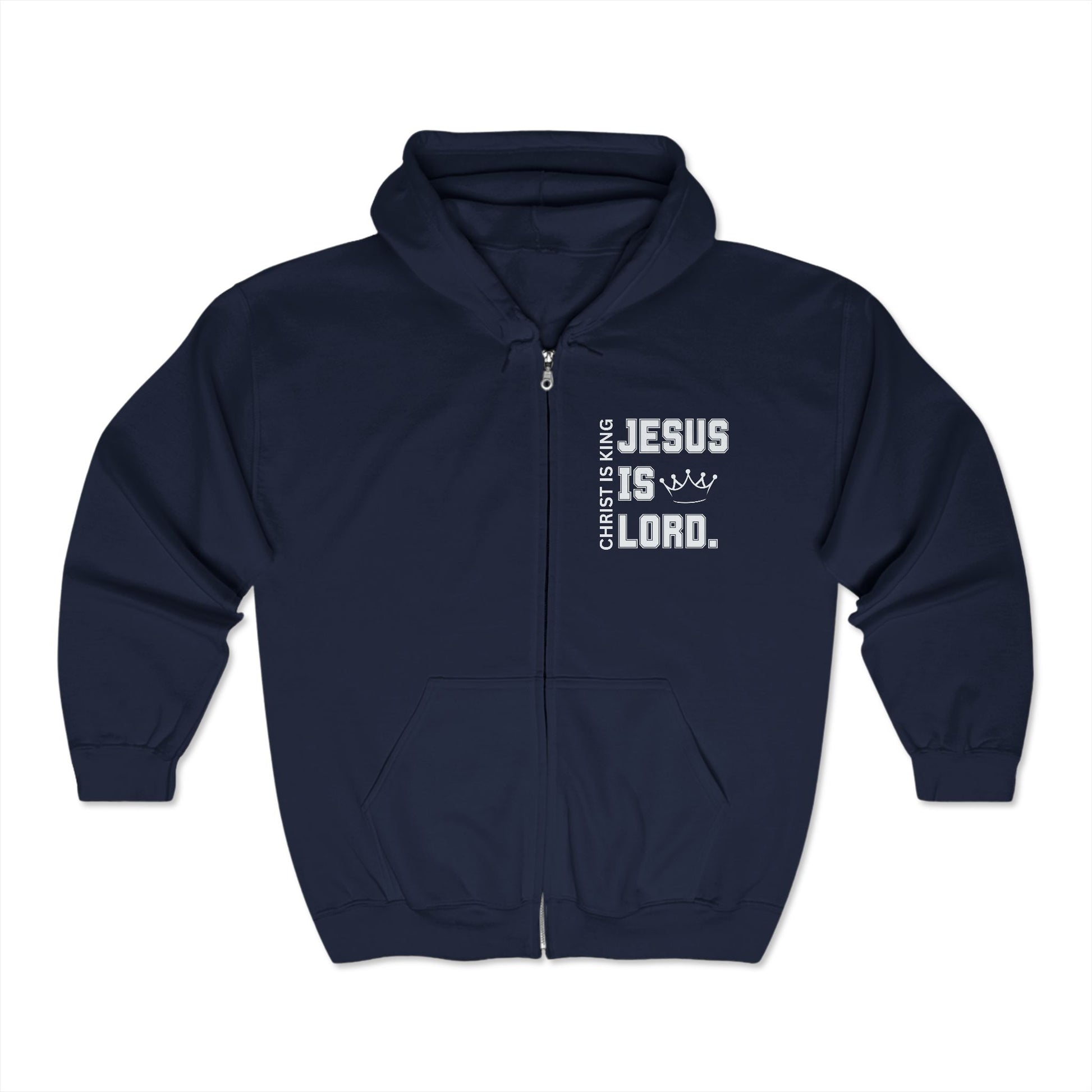 A blue jacket with white text on the right side that says "Jesus is Lord."