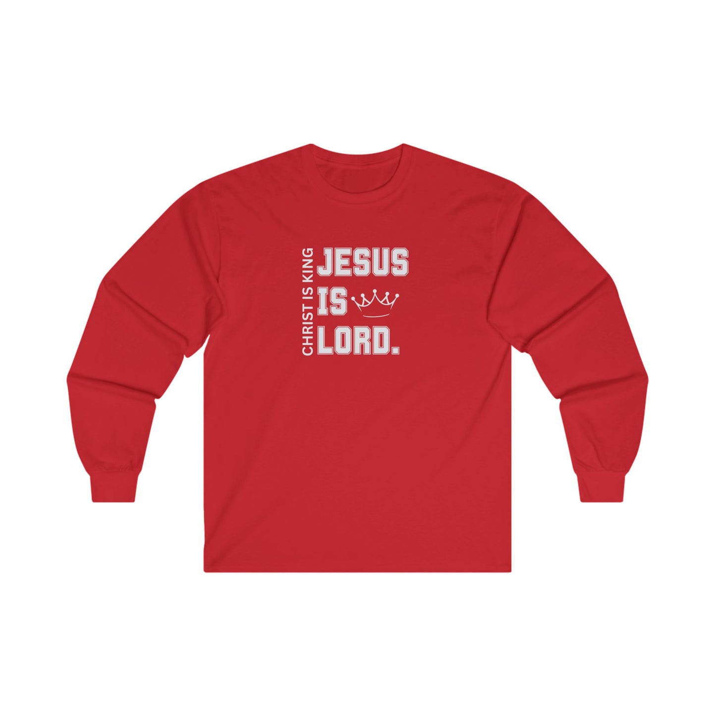 A red T-shirt with white text that says "Jesus is Lord.