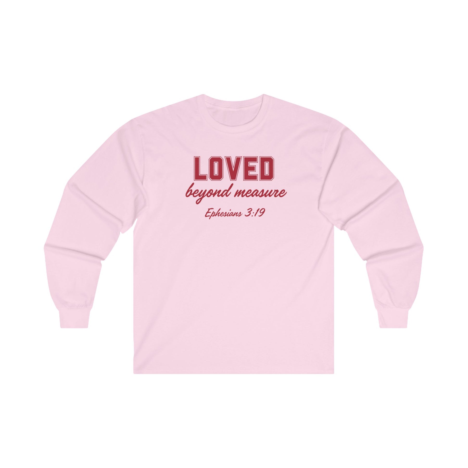 Loved beyond measure in red color on pink tshirt