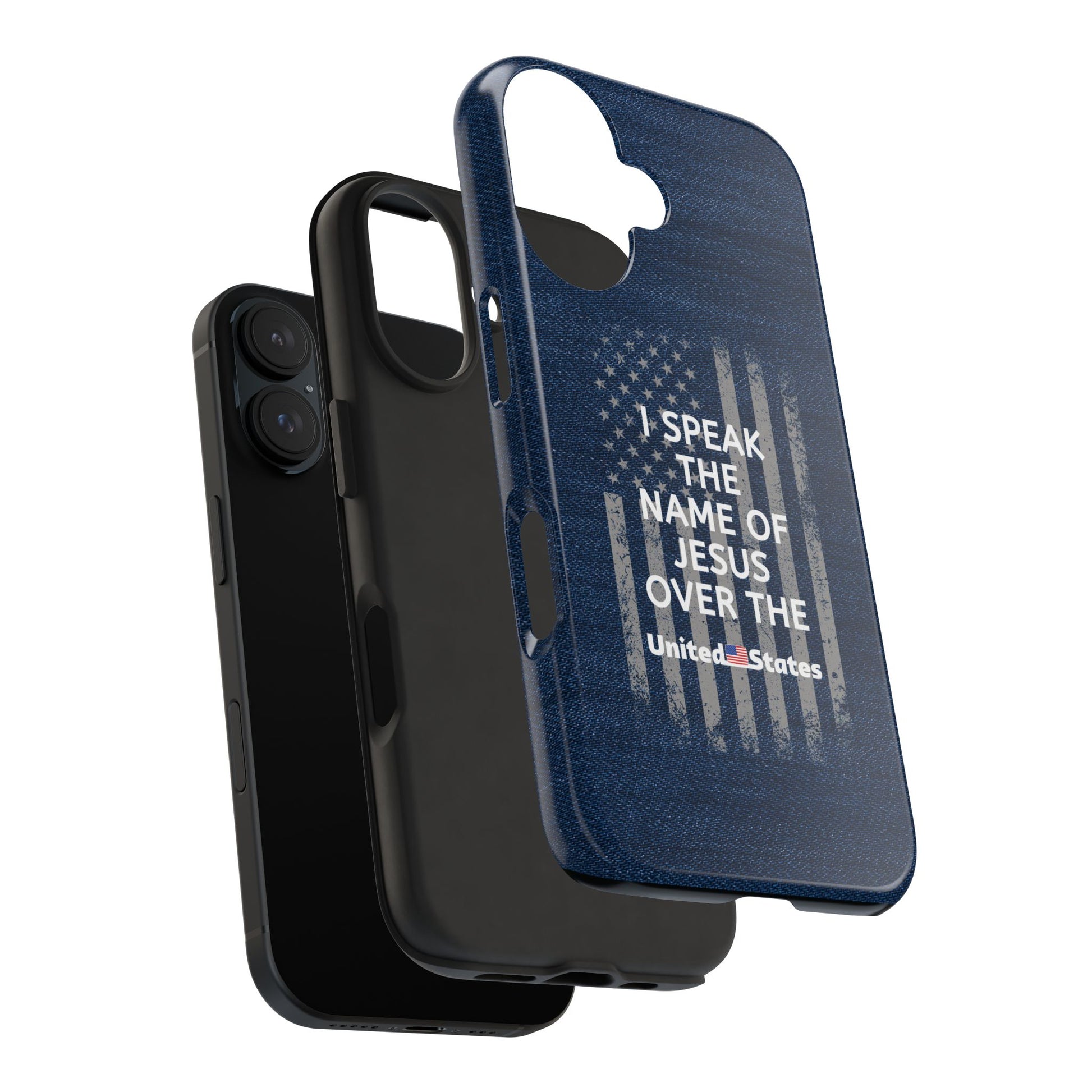 Two Apple iPhone 16 cases: one in black and another in blue. The blue case features the text "I Speak the Name of Jesus Over the United States."