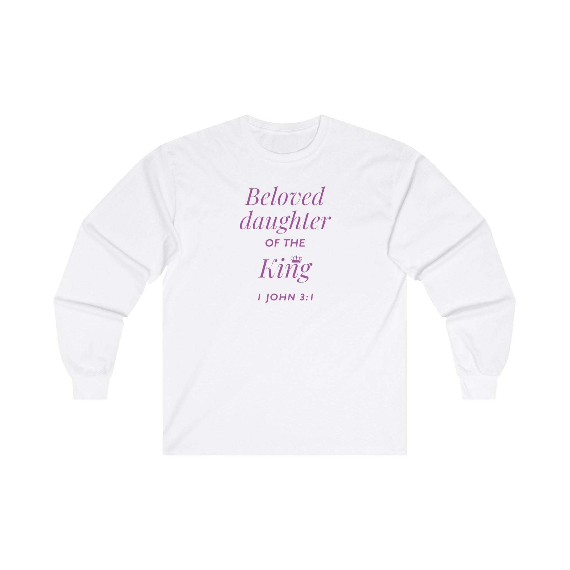 White T-shirt with text in purple