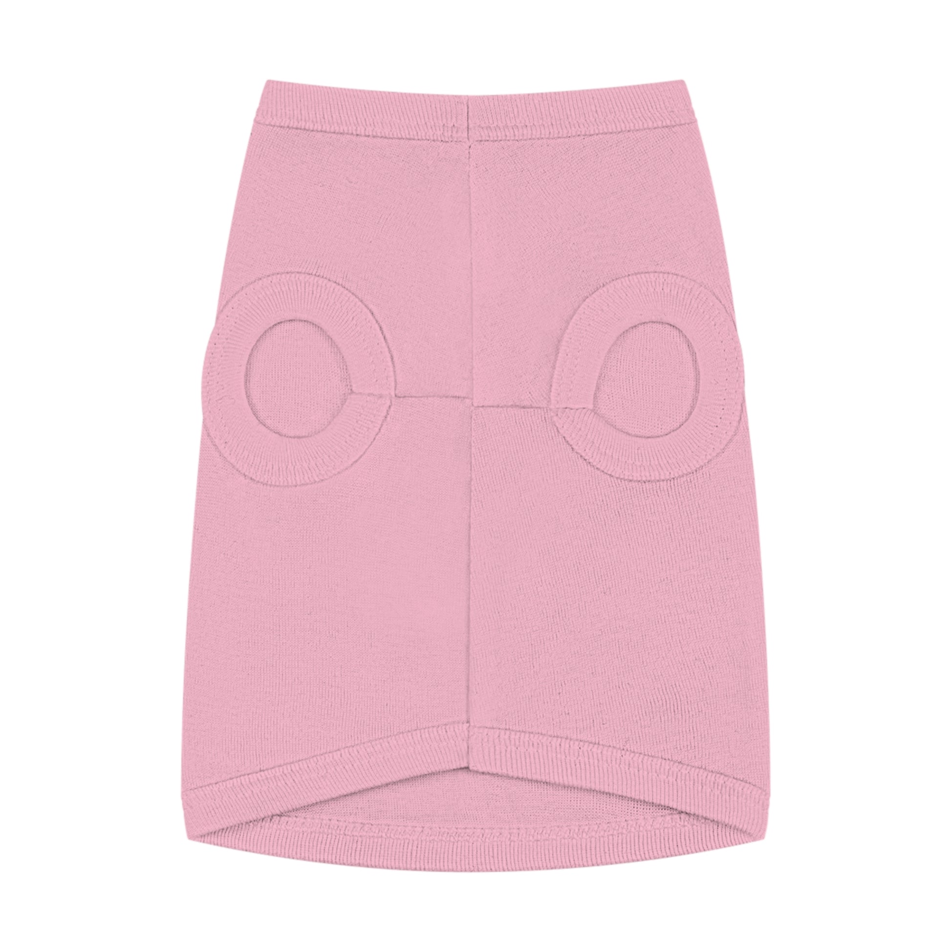 A plain pink sleeveless pet shirt or small tank top, featuring two circular armholes and a slightly elongated back for a comfortable fit.