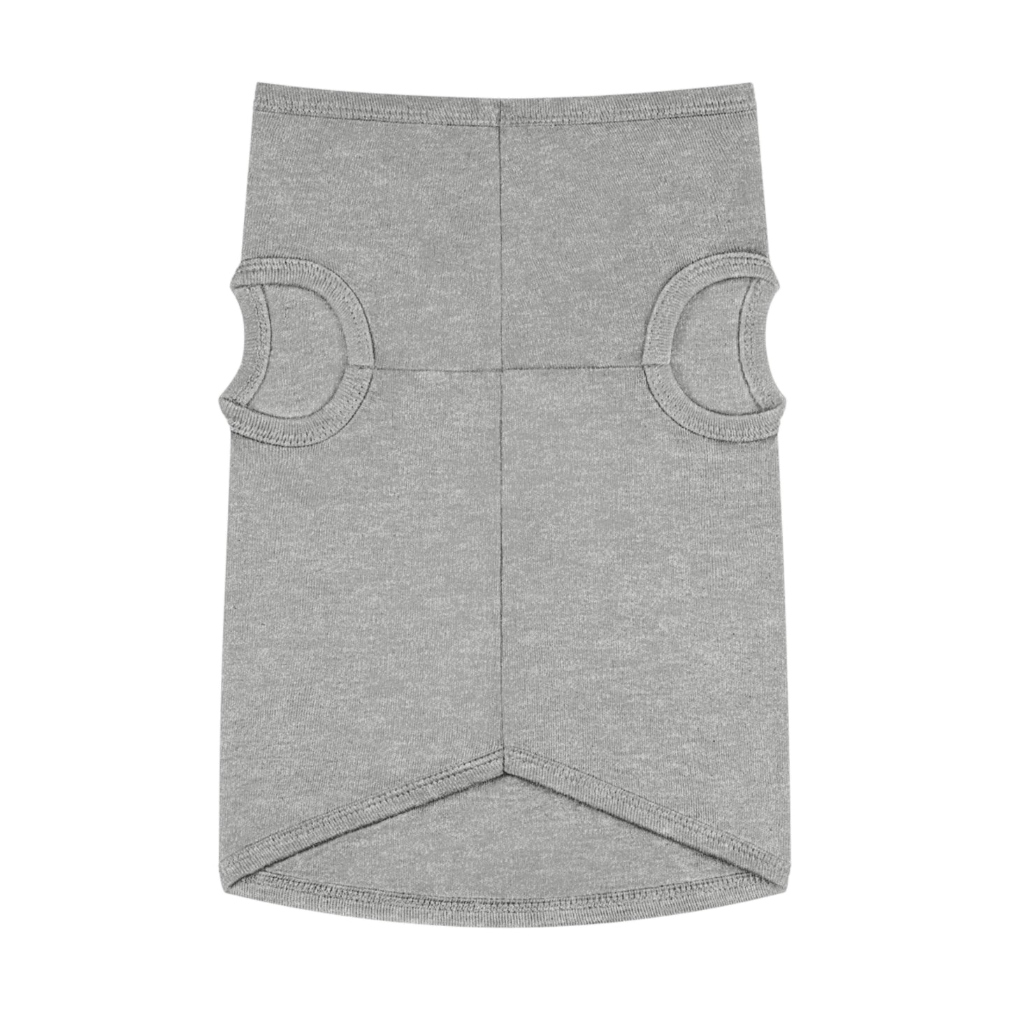 A plain silver sleeveless pet shirt or small tank top, featuring two circular armholes and a slightly elongated back for a comfortable fit.